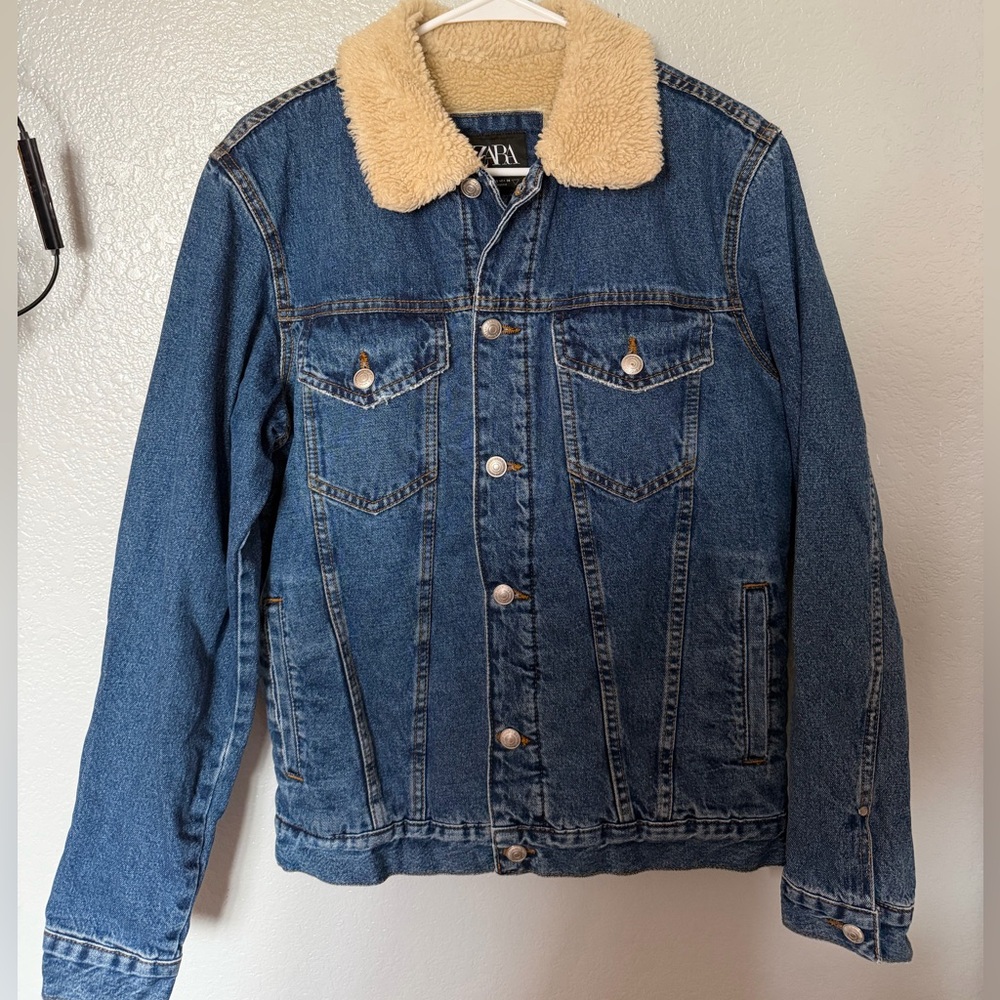 Zara Blue Denim Jacket with Tan Faux Shearling Collar